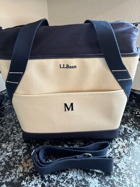 L.L. Bean Navy and Cream Canvas Medium Insulated Cooler Monogram M